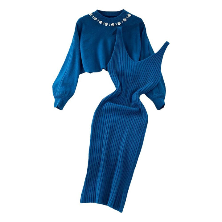 Damen Strickensemble mit modischem V-Ausschnitt und dekorativem Kragen Drune