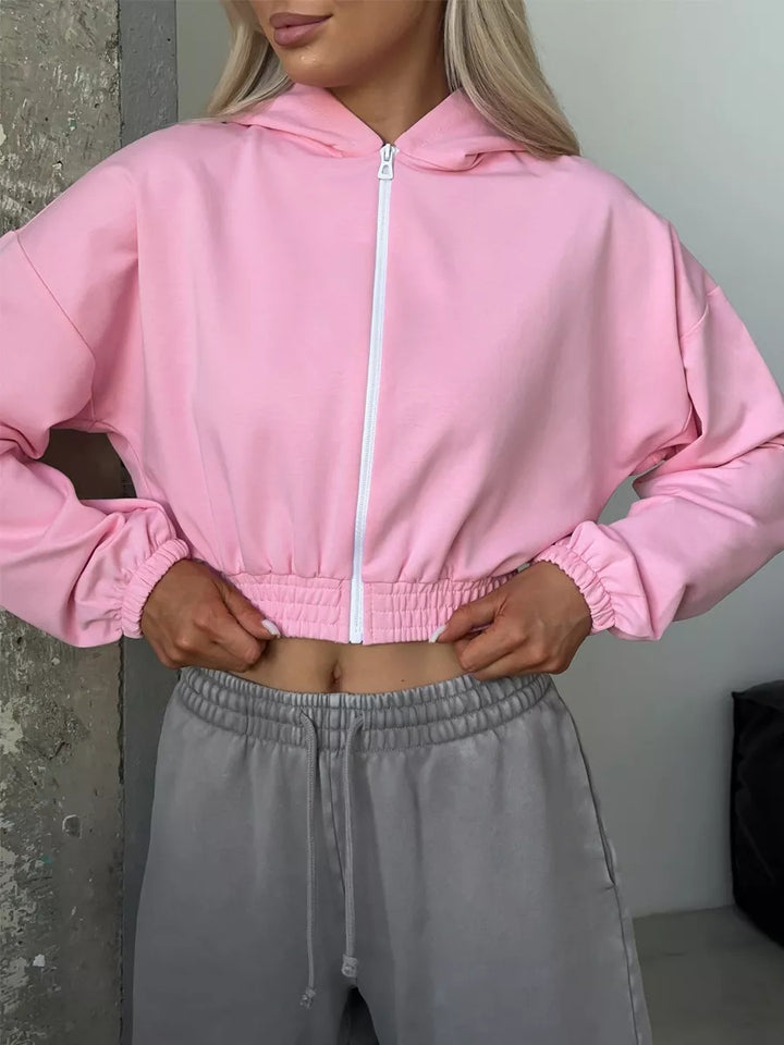 Damen Kurzgeschnittene Kapuzenjacke mit Reißverschluss, elastischem Bund und legerer Passform Drune