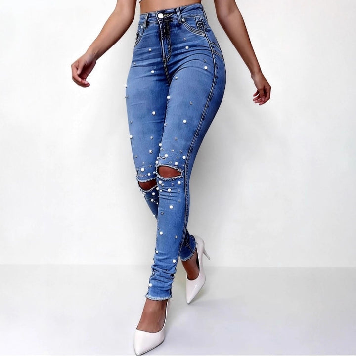 Damen Perlenverzierte High‑Waist Skinny‑Jeans mit Sculpting‑Passform Drune
