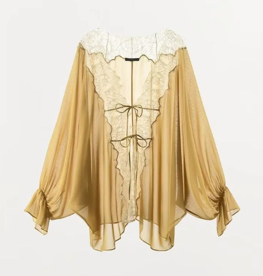 Damen Transparenter Chiffonkimono mit Spitzenbesatz und Volumenärmeln Drune