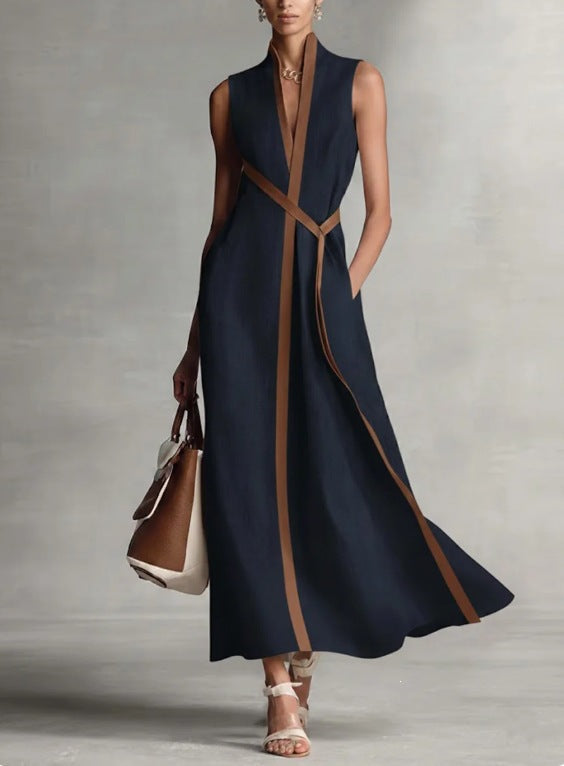Damen elegantes Maxikleid mit Taillenschnitt und schmalem Gürtel Drune