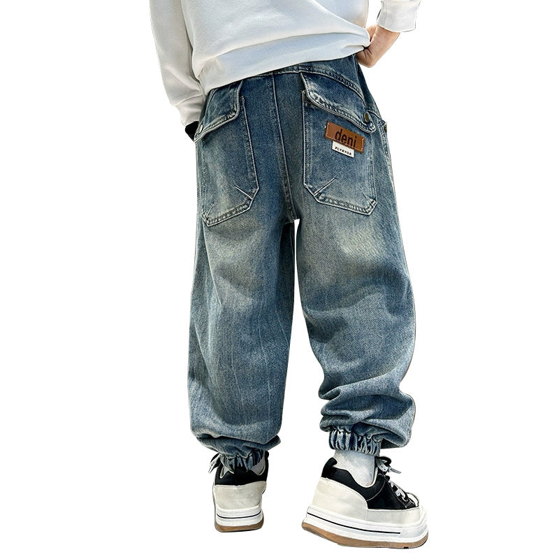 Unisex lässige Denim-Hose mit elastischem Bund Drune