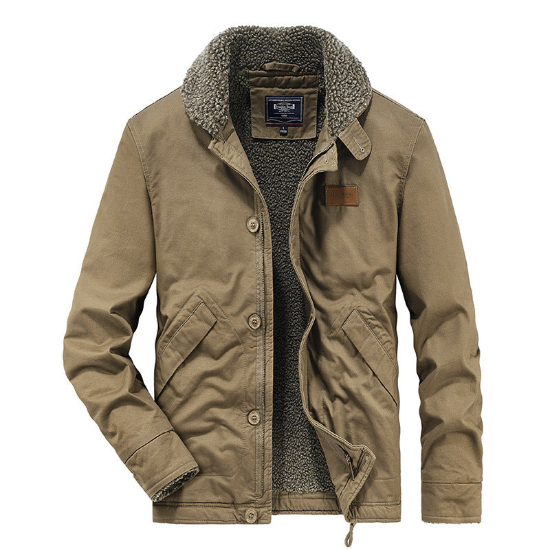 Herren Canvas-Workerjacke mit durchgehendem Teddyfutter, Stehkragen und Kordelzug Drune