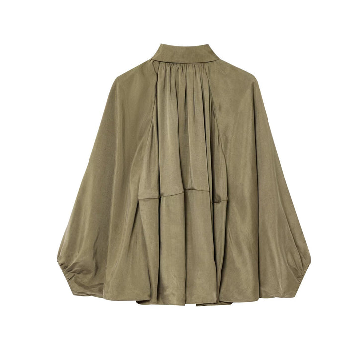 Damen Weite plissierte Hemdblusen-Jacke mit Hemdkragen, Reißverschluss und ballonförmigem Saum Drune