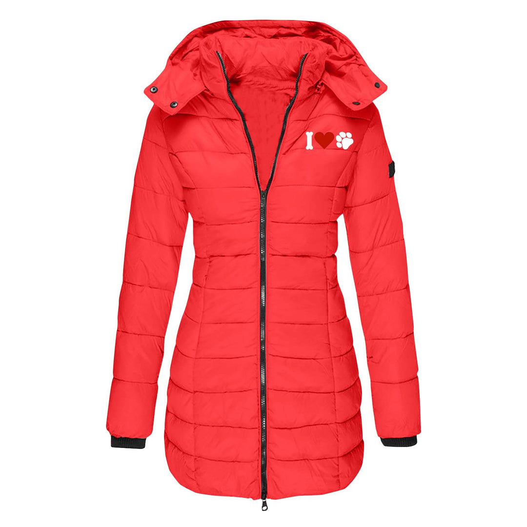 Damen nan gesteppte Steppjacke mit Kapuze, taillierter Silhouette und Herz-Pfoten-Print Drune
