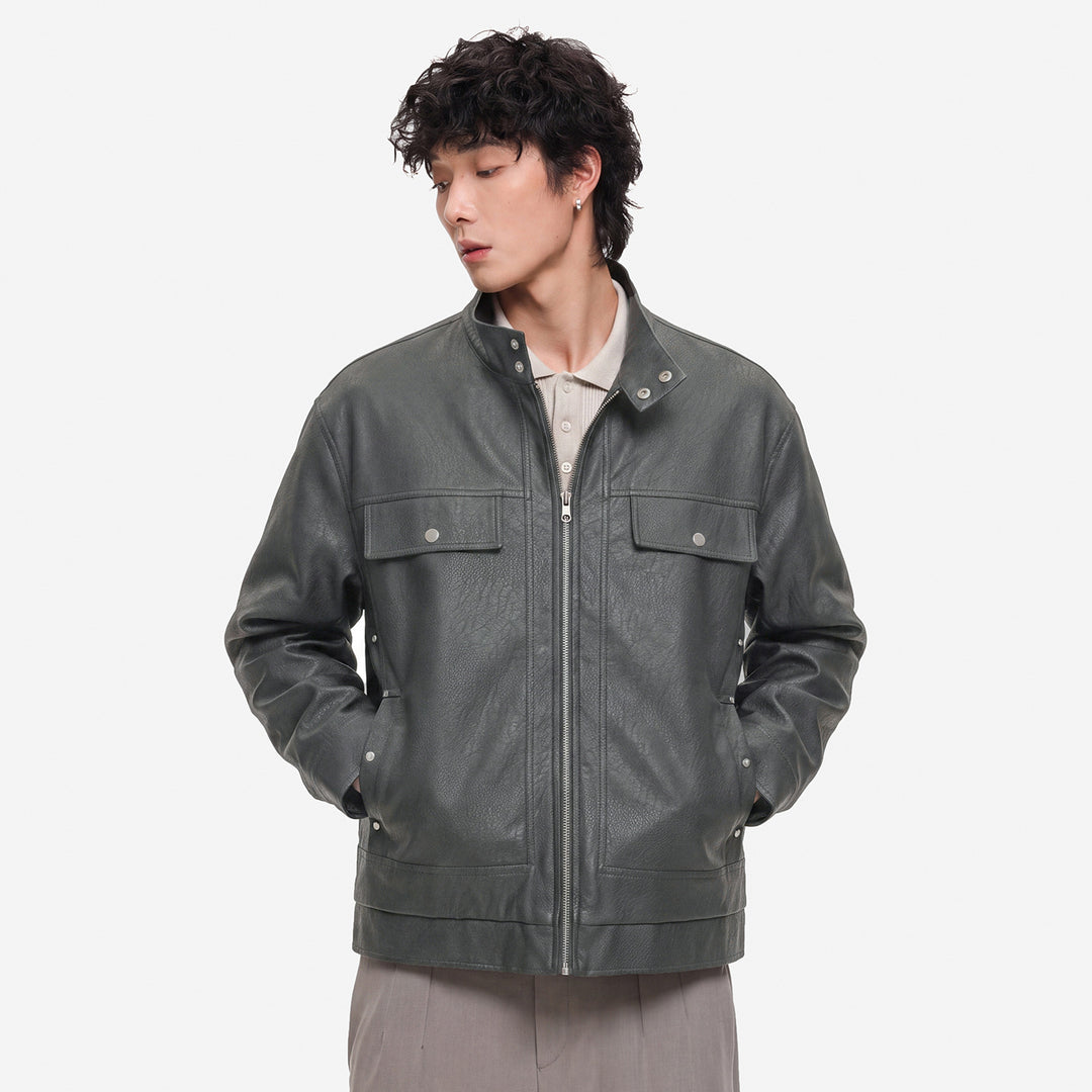 Herren Lederjacke im Fieldstil mit Stehkragen, Brustklappen und Reißverschluss Drune