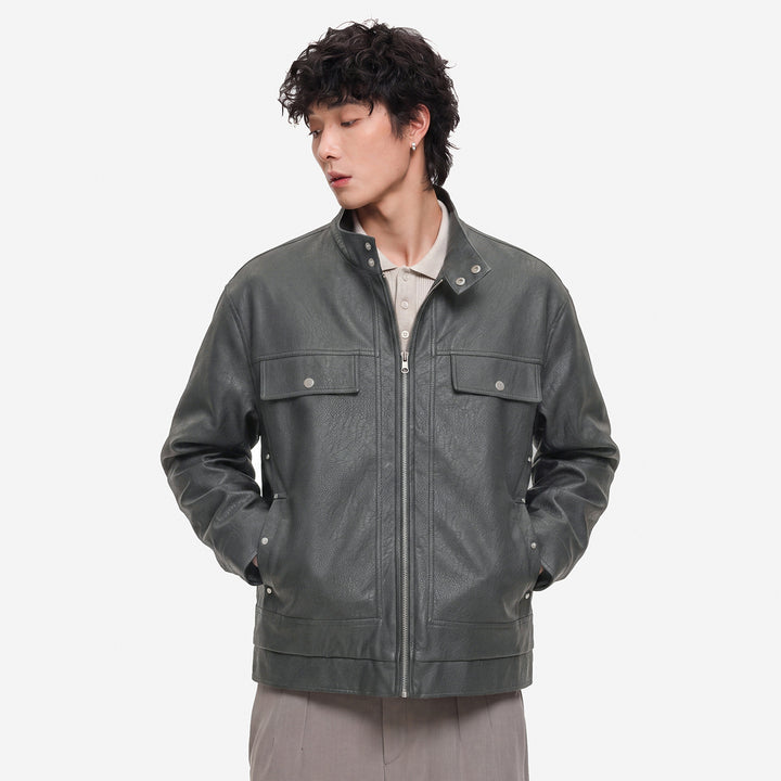 Herren Lederjacke im Fieldstil mit Stehkragen, Brustklappen und Reißverschluss Drune