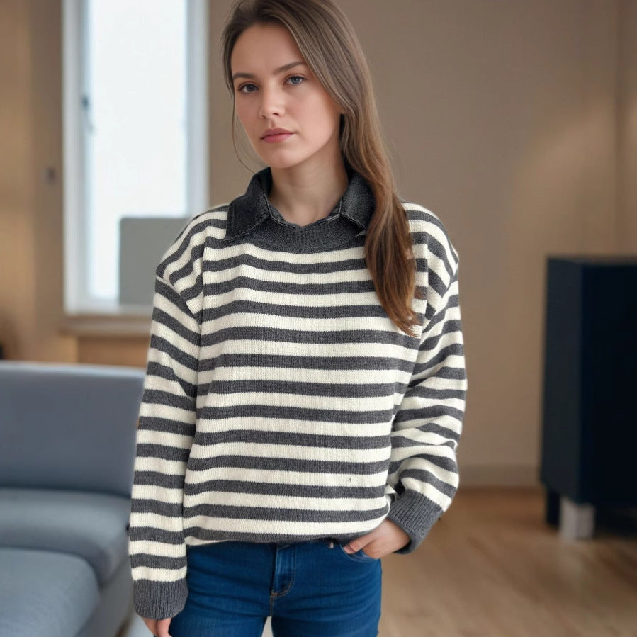 Damen Oversized Pullover mit modischem Streifenmuster und lässiger Passform Drune