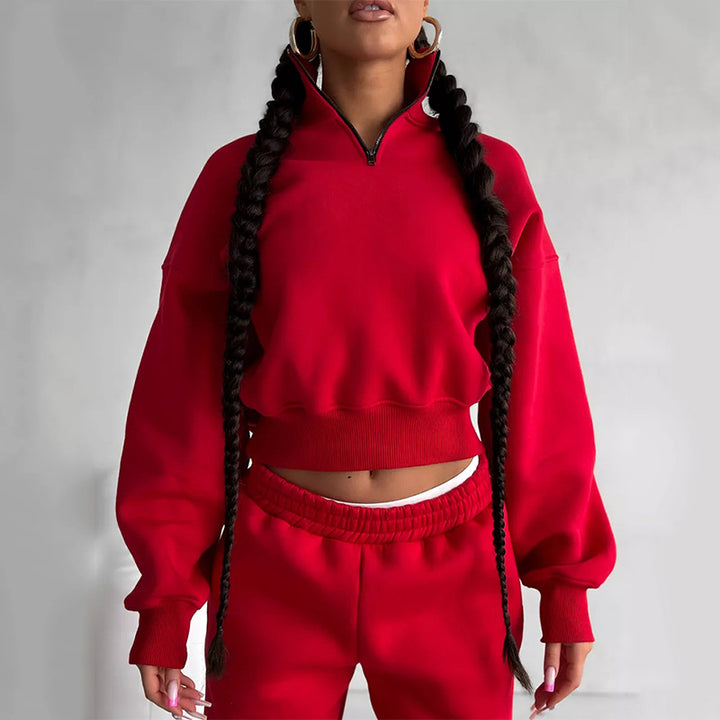 Damen Zweiteiliges Cropped-Halbzip-Sweatset mit Stehkragen und elastischer High-Waist-Jogginghose Drune