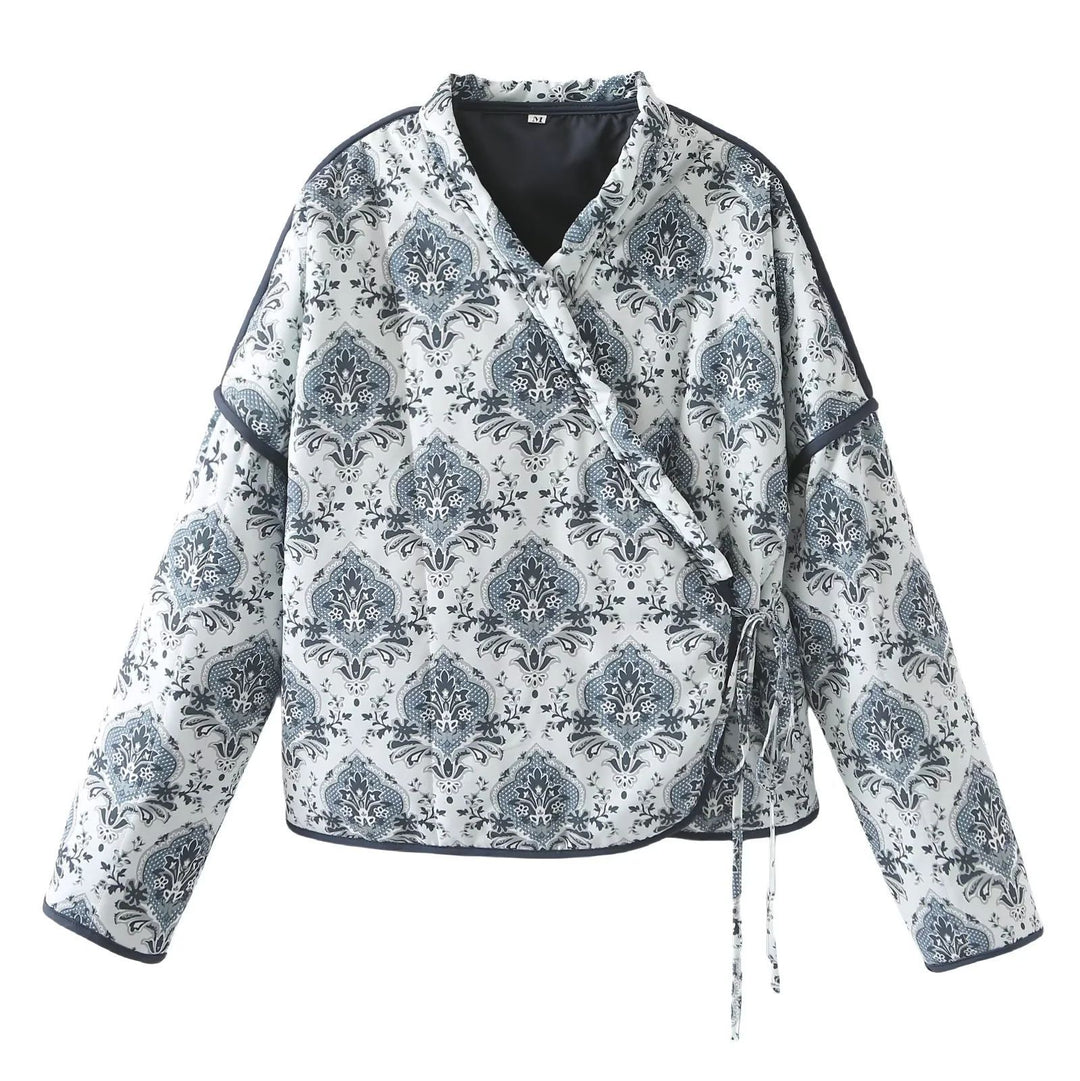 Damen nan Wickeljacke mit orientalischem Medaillonprint, leichter Wattierung und kontrastpaspel Drune