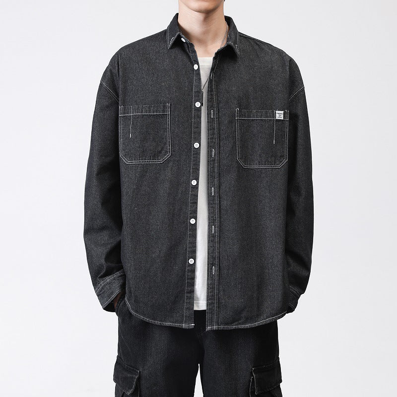Herren Oversized Denim-Hemdjacke mit Brusttaschen und Button-Down-Kragen Drune