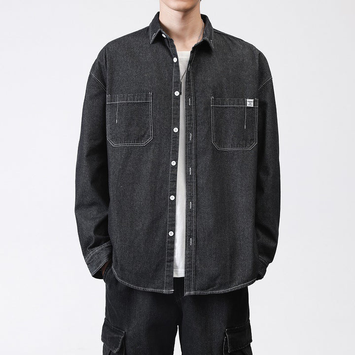 Herren Oversized Denim-Hemdjacke mit Brusttaschen und Button-Down-Kragen Drune
