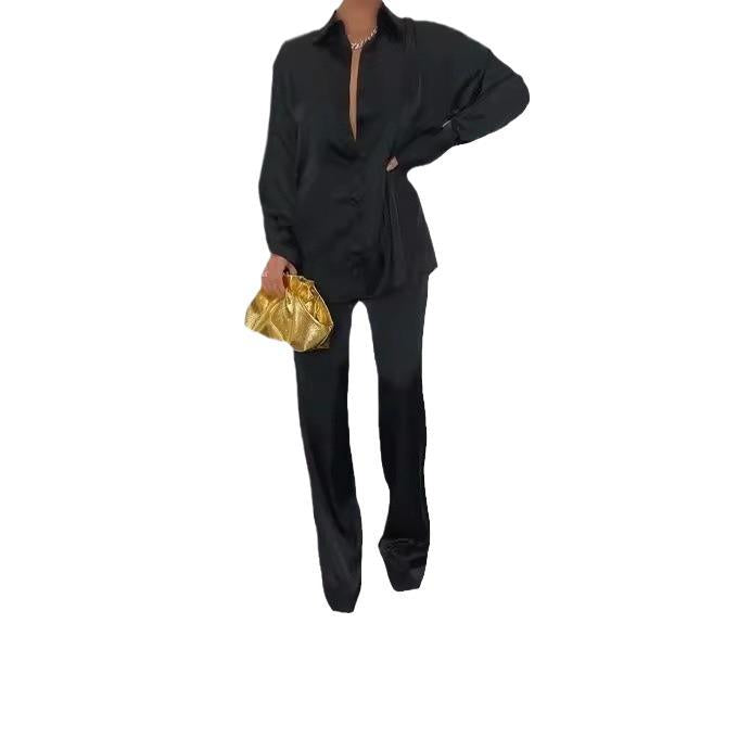 Damen Satin-Hemd und Palazzo-Hose Lounge-Set Drune