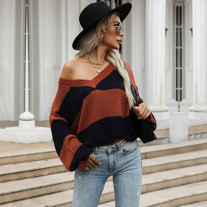 Damen Gestreifter Oversize V‑Ausschnitt Pullover im Grobstrick Drune