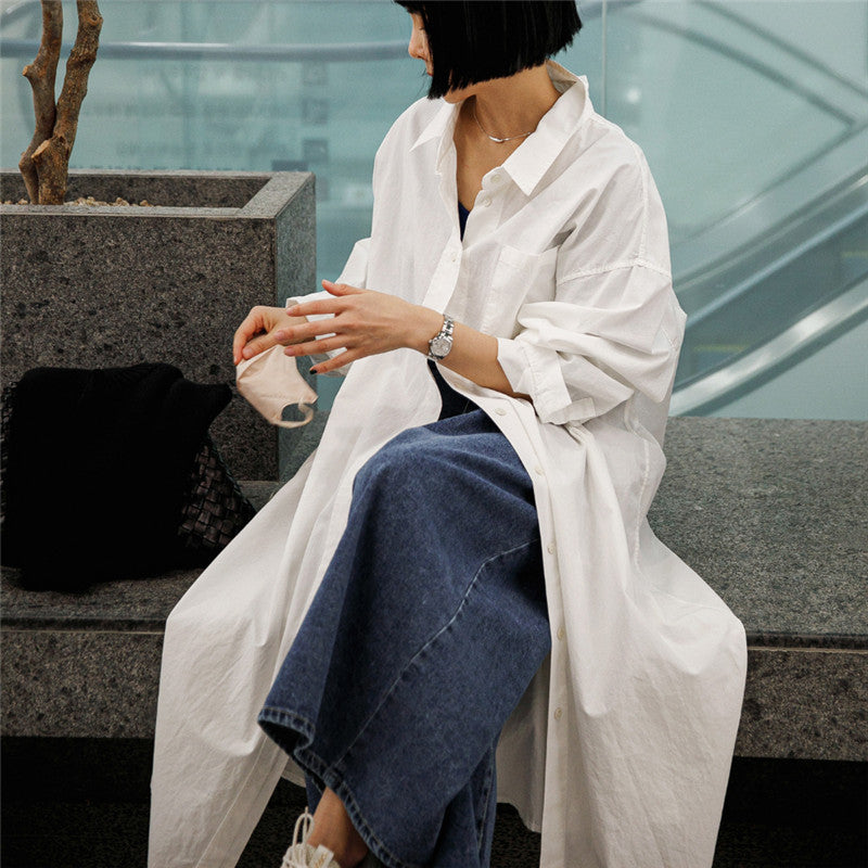 Damen Oversize-Hemdblusenkleid mit langem Saum und verdeckter Knopfleiste Drune