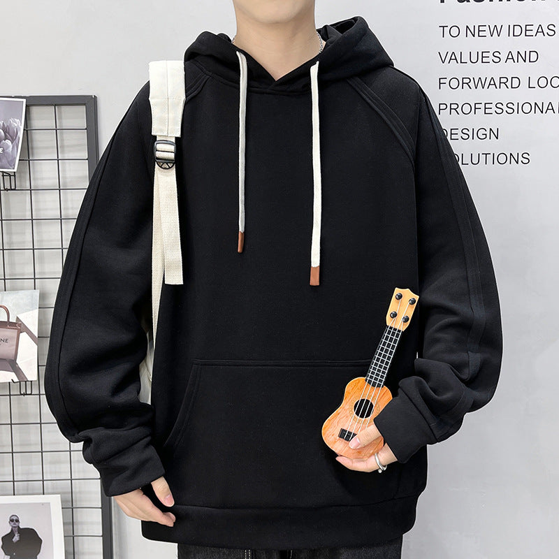 Herren Oversize Kapuzenpullover mit Kängurutasche Raglanärmeln und extra langen Kordeln Drune