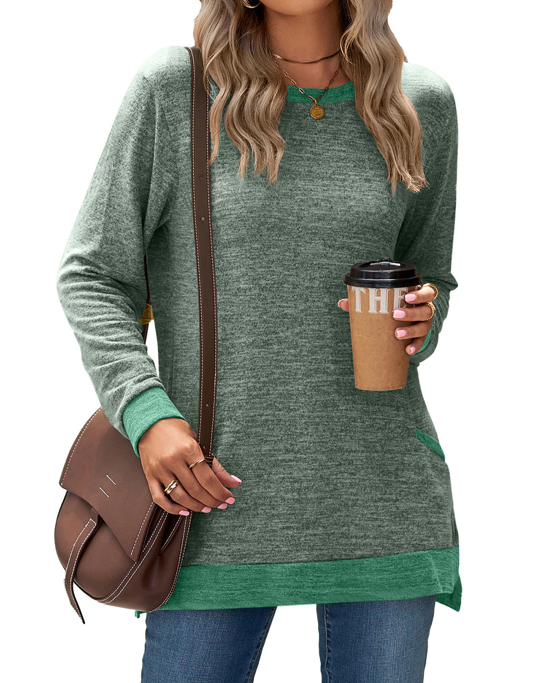 Damen Langarmshirt mit Kontrastdetails und Seitentaschen Drune