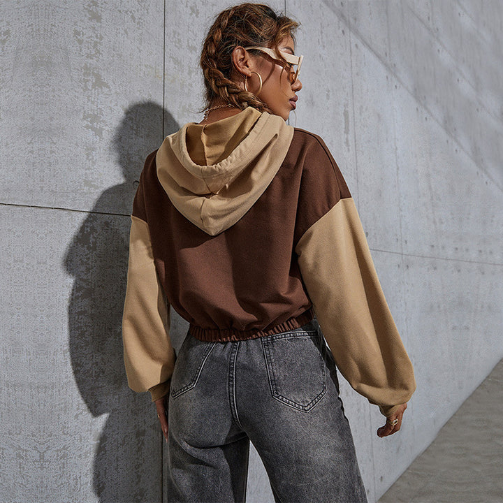 Damen Kurz geschnittener Cropped-Hoodie mit Colorblock-Ärmeln, Tunnelzug und elastischem Saum Drune