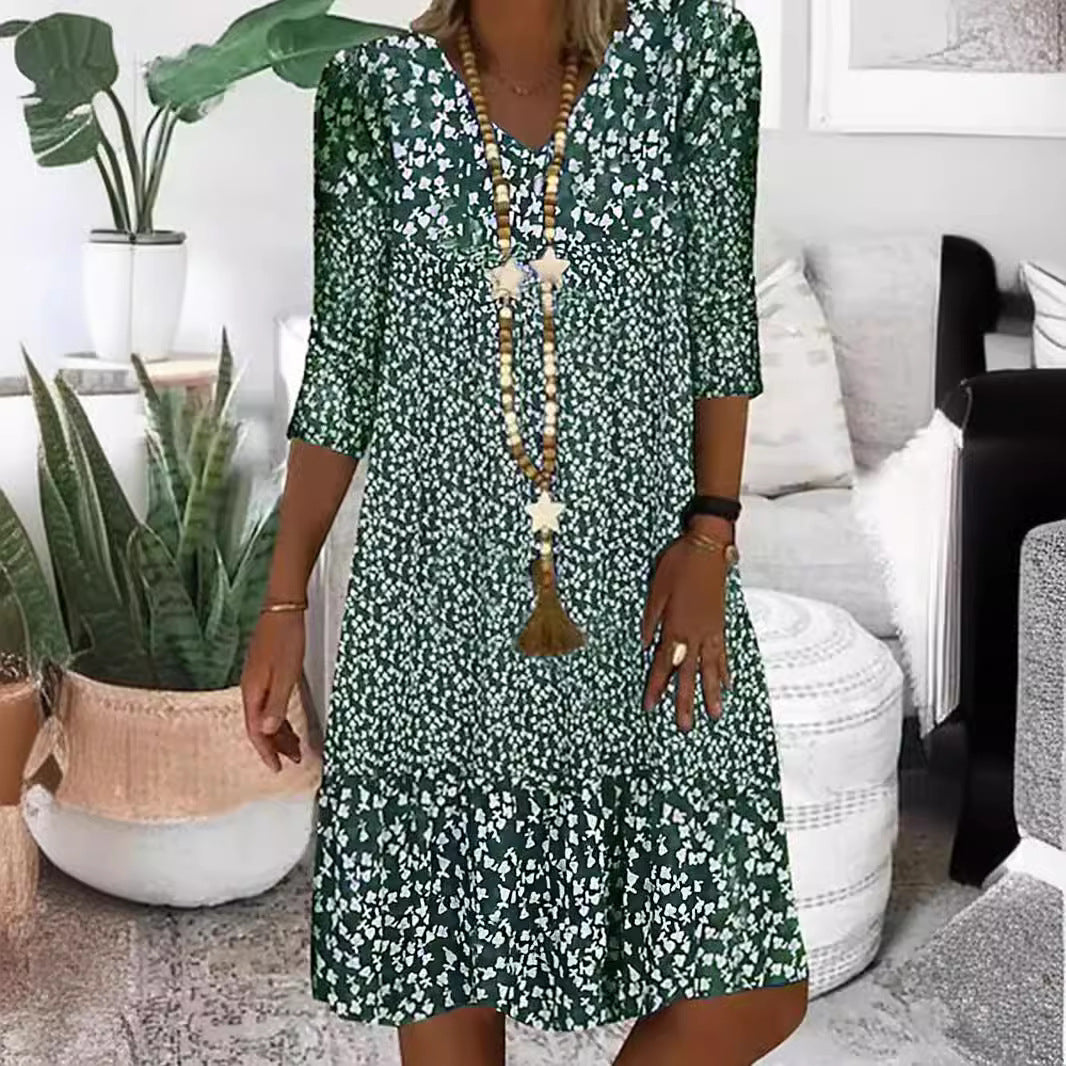 Damen Lockeres Midi-Kleid im Boho-Stil mit V-Ausschnitt, Dreiviertelärmeln und gestuftem Saum Drune