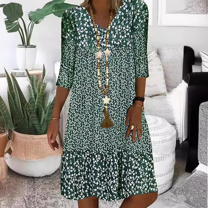 Damen Lockeres Midi-Kleid im Boho-Stil mit V-Ausschnitt, Dreiviertelärmeln und gestuftem Saum Drune