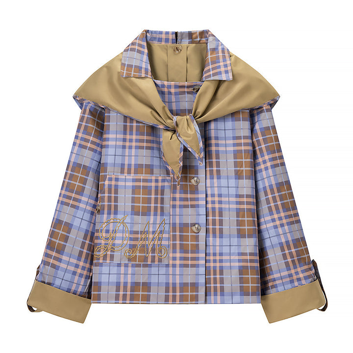 Damen modische Oversized Jacke mit kariertem Kragen Drune