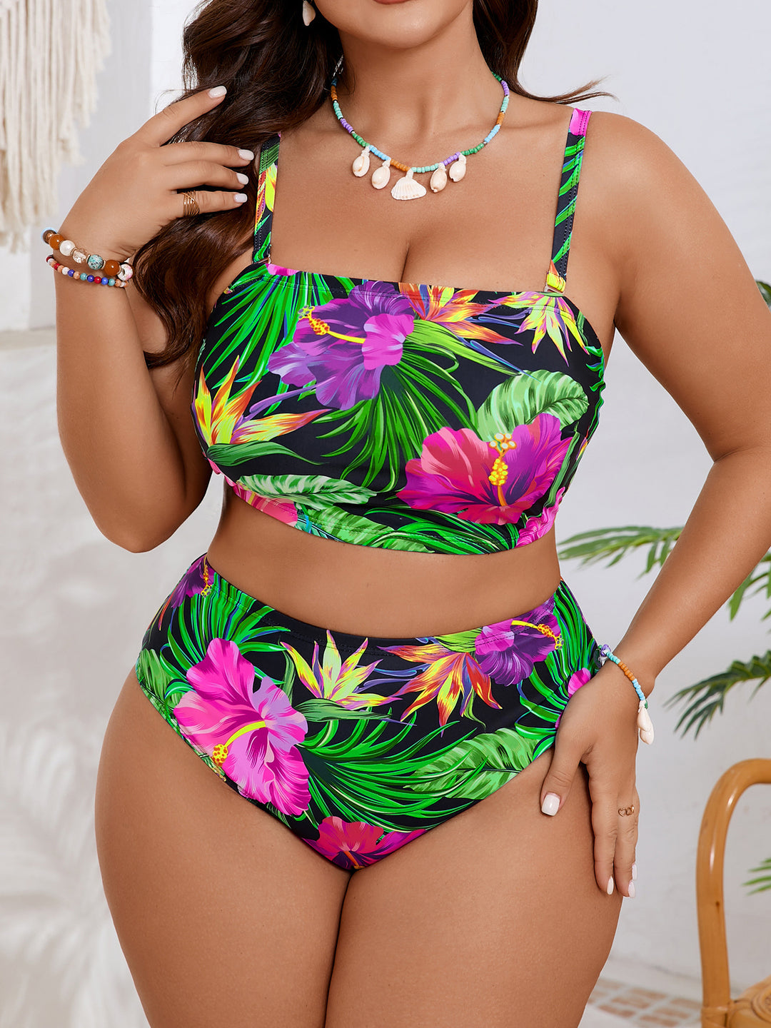 Damen Hochgeschnittenes Bikini-Set mit farbenfrohem Blumendesign Drune