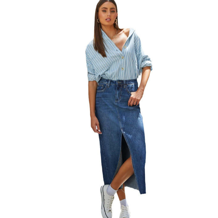 Damen Hoch geschnittenes Bleistiftkleid aus Jeans mit seitlichem Schlitz Drune
