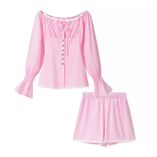 Damen nan zweiteiliges schulterfreies Schlafanzug-Set mit Spitzenbesatz, Herzknopf-Leiste und elastischer Shorts-Bund Drune
