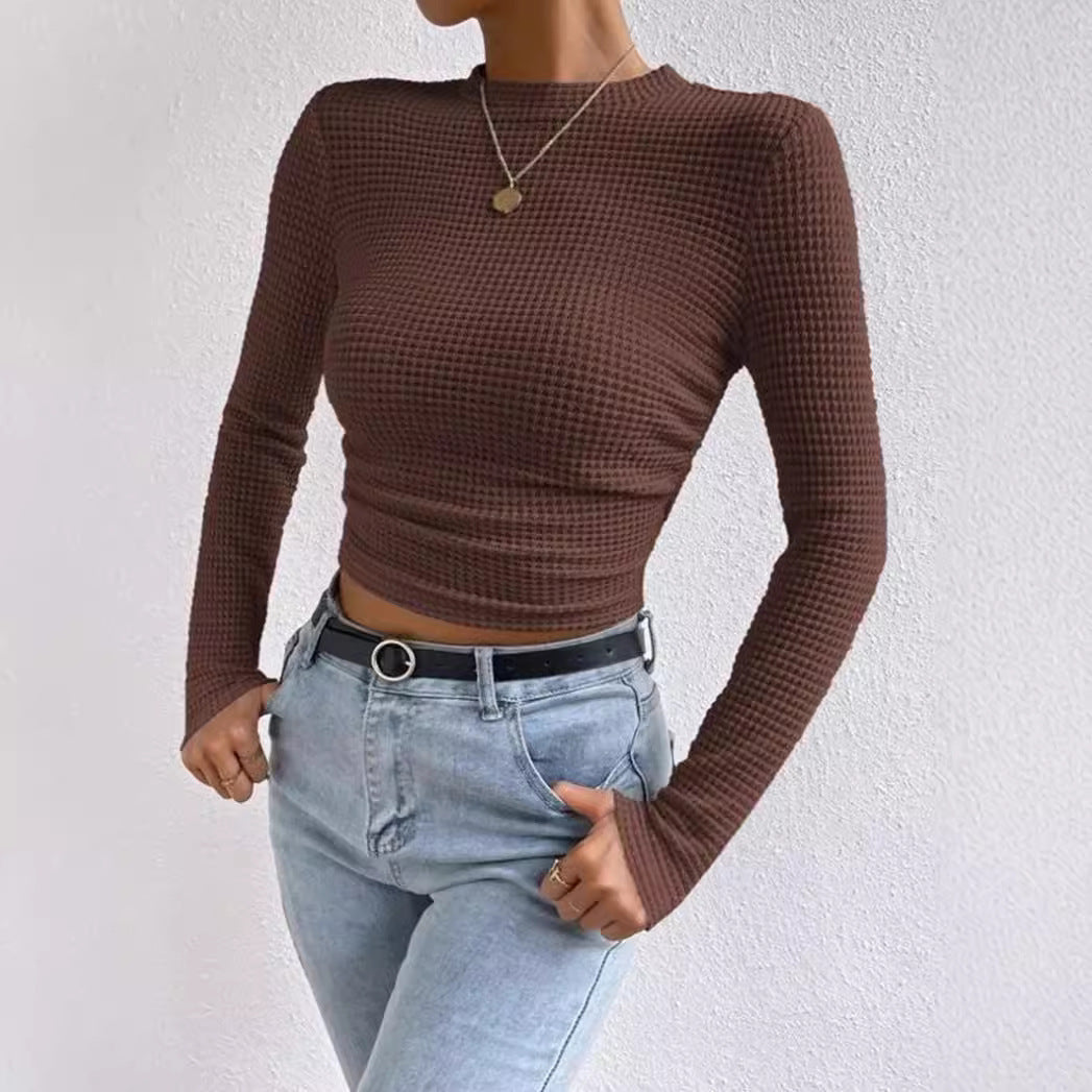 Drune | Langarm T Shirt Slim Passform Weicher Strukturstrick Rüschentasche Kurzes Modell