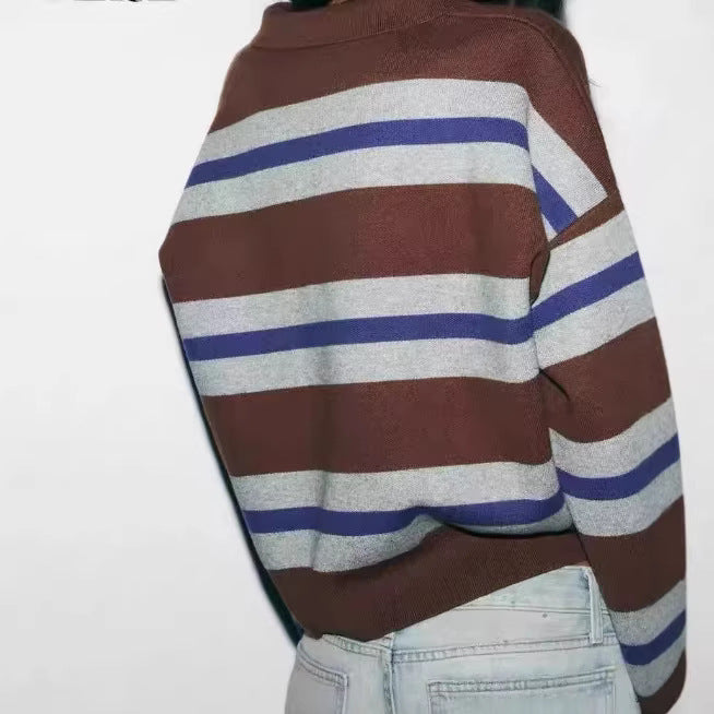 Damen Gestreifter Polokragen-Pullover im Cropped‑Oversize‑Schnitt aus Feinstrick Drune