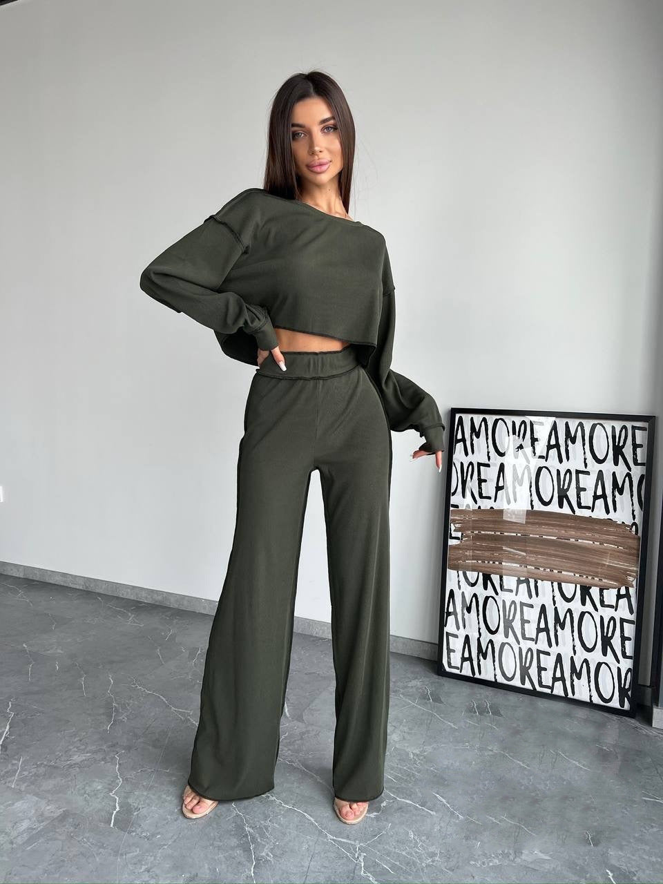 Damen Cropped Oversized-Sweatshirt mit Overlocknähten und High-Waist ausgestellter Hose Set Drune