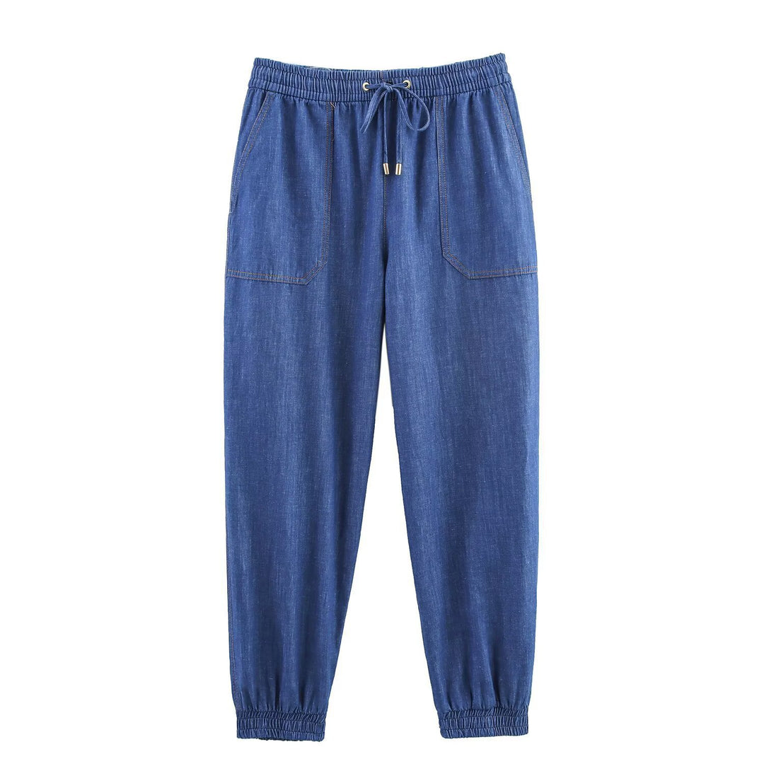 Damen lässiges Denim-Set mit Crop-Bluse und elastischen Hosen Drune