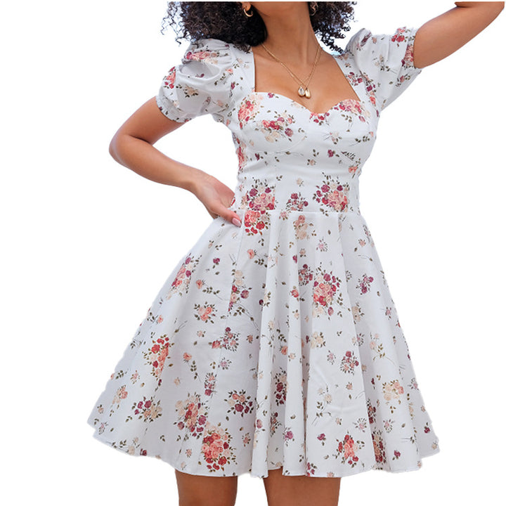 Damen Kleid mit Puffärmeln und floralem Design Drune