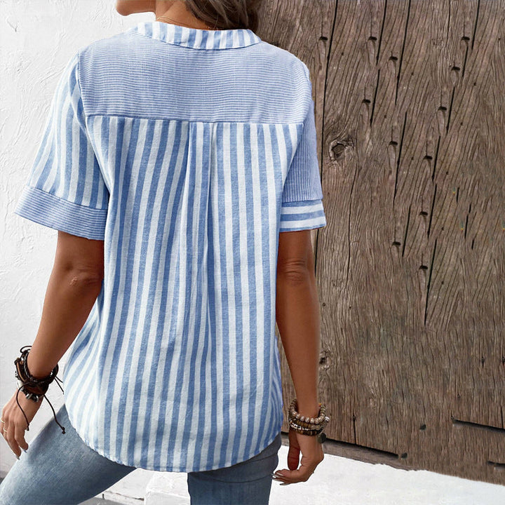 Drune V-Ausschnitt Asymmetrisches Streifen-Patchwork-Top