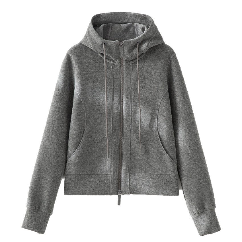 Damen Kurze Kapuzen-Sweatjacke mit Zwei-Wege-Reißverschluss und Kängurutaschen Drune