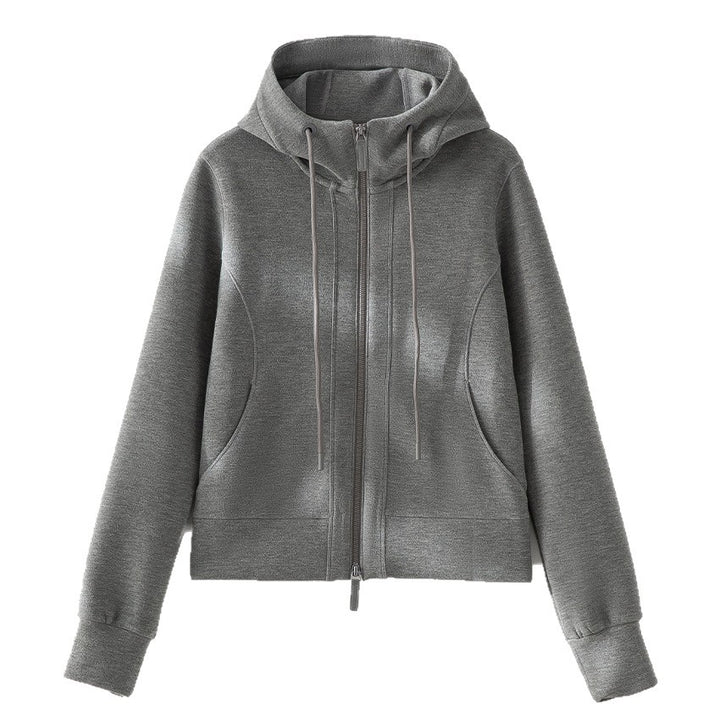 Damen Kurze Kapuzen-Sweatjacke mit Zwei-Wege-Reißverschluss und Kängurutaschen Drune