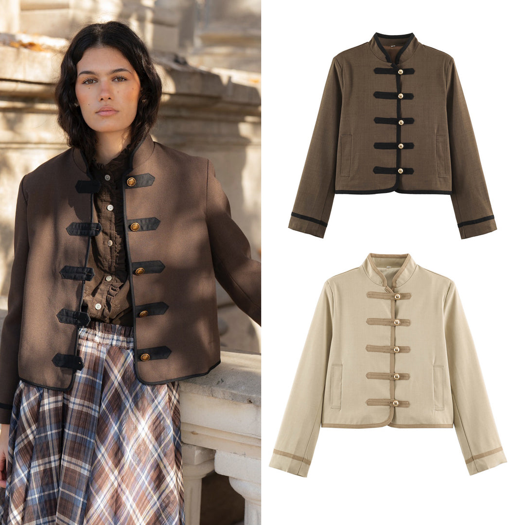 Damen Cropped Stehkragenjacke mit dekorativen Knebelverschlüssen und Boxy-Schnitt Drune