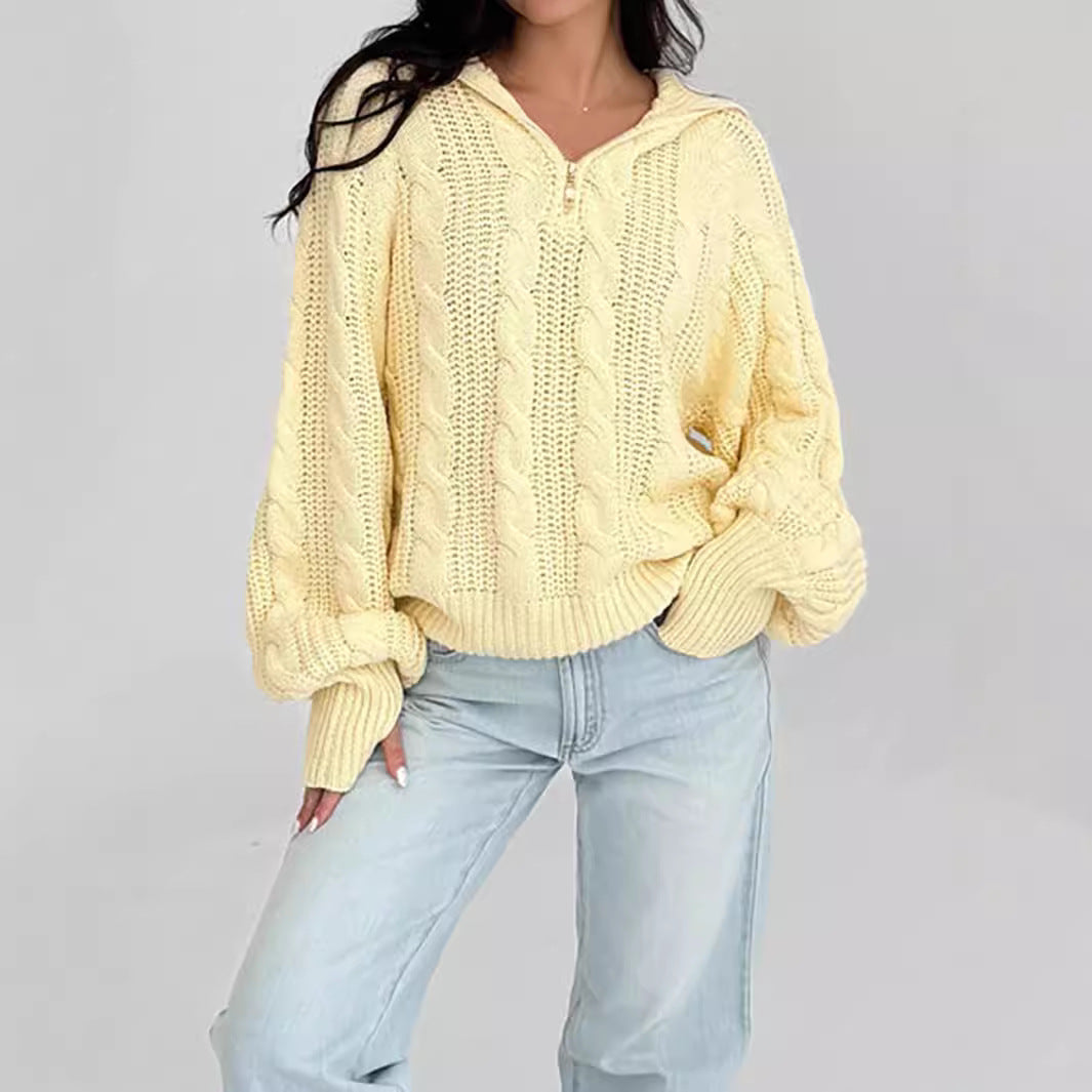 Damen lässiger Strickpullover mit Kapuze und Zipper Drune