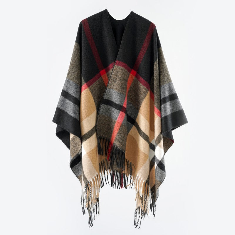 Damen Oversize-Poncho im Kaschmir‑Touch mit V‑Ausschnitt und Fransensaum Drune