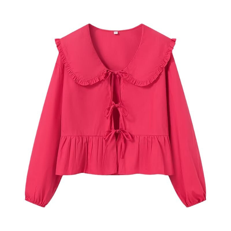 Damen Rüschige Cropped-Bluse mit übergroßem Kragen, Bindebändern und tailliertem Peplum Drune
