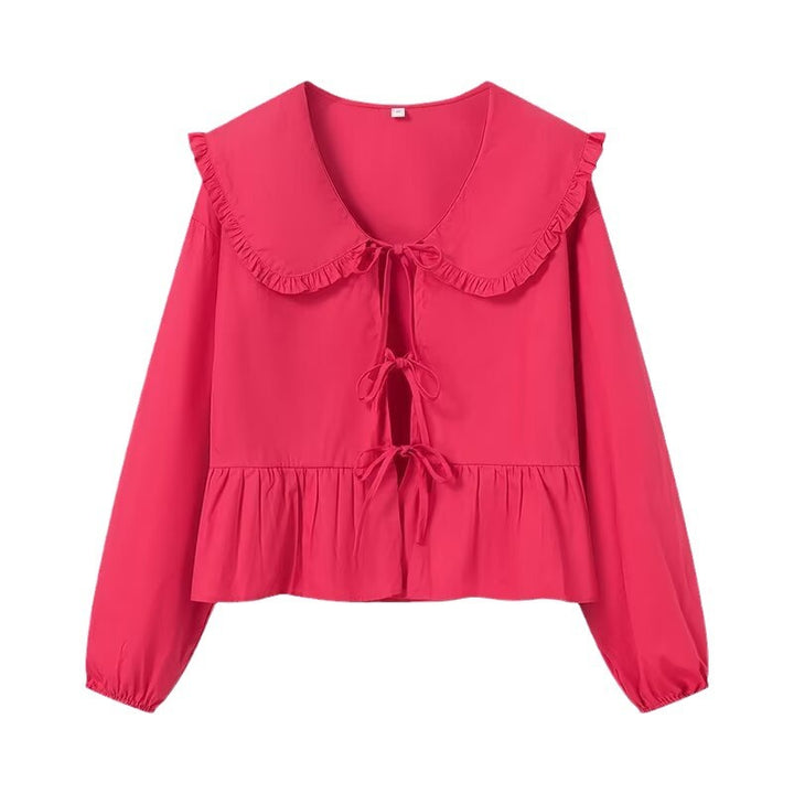 Damen Rüschige Cropped-Bluse mit übergroßem Kragen, Bindebändern und tailliertem Peplum Drune