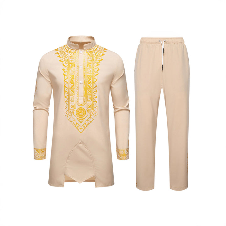 Herren Traditionelles Langarm-Kurta-Set mit Stehkragen, goldfarbenem Ornamentdruck und Tunnelzughose Drune