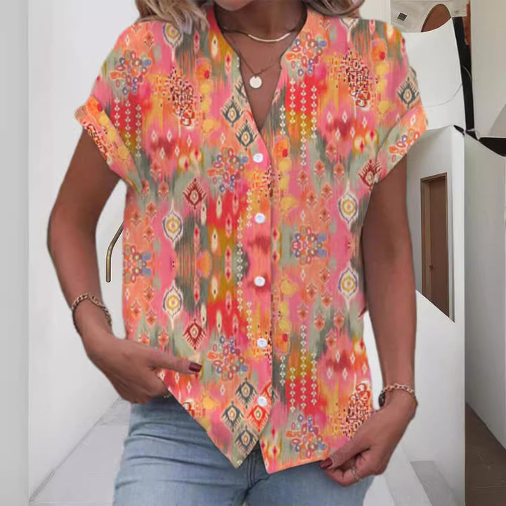Damen nan lockere Kurzarm-Hemdbluse mit V-Ausschnitt, durchgehender Knopfleiste und folklorischem Allover-Print Drune