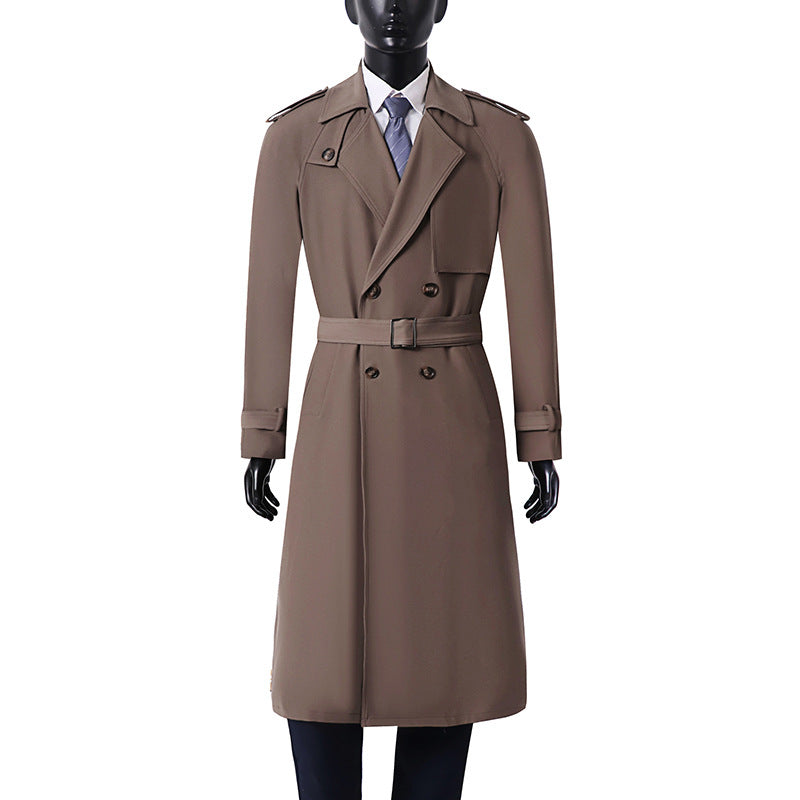Herren Klassischer Doppelreihiger Trenchcoat aus leichtem Wollmix mit Schalkragen und Epauletten Drune