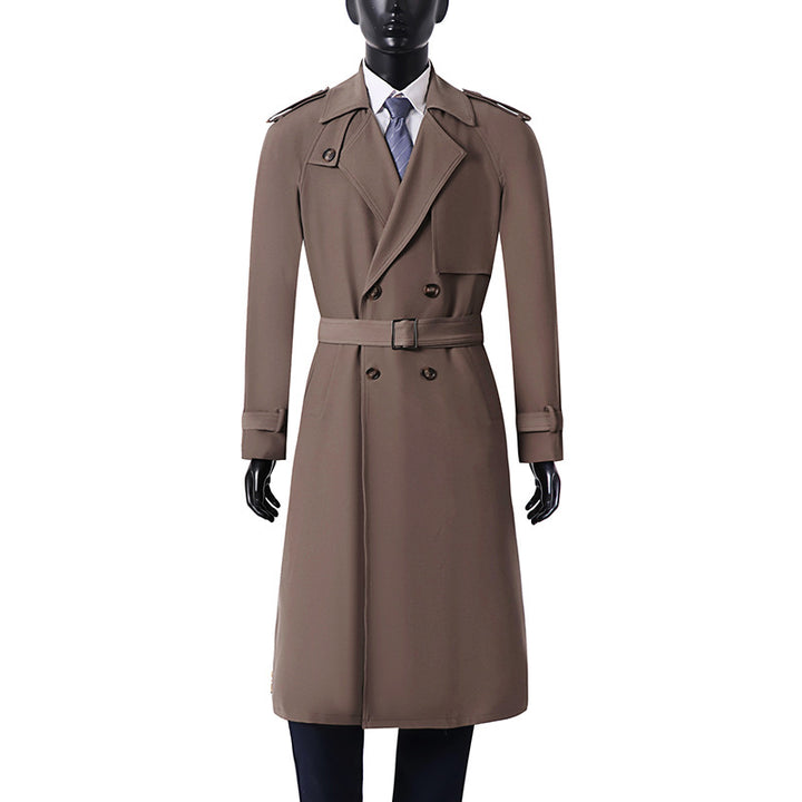 Herren Klassischer Doppelreihiger Trenchcoat aus leichtem Wollmix mit Schalkragen und Epauletten Drune