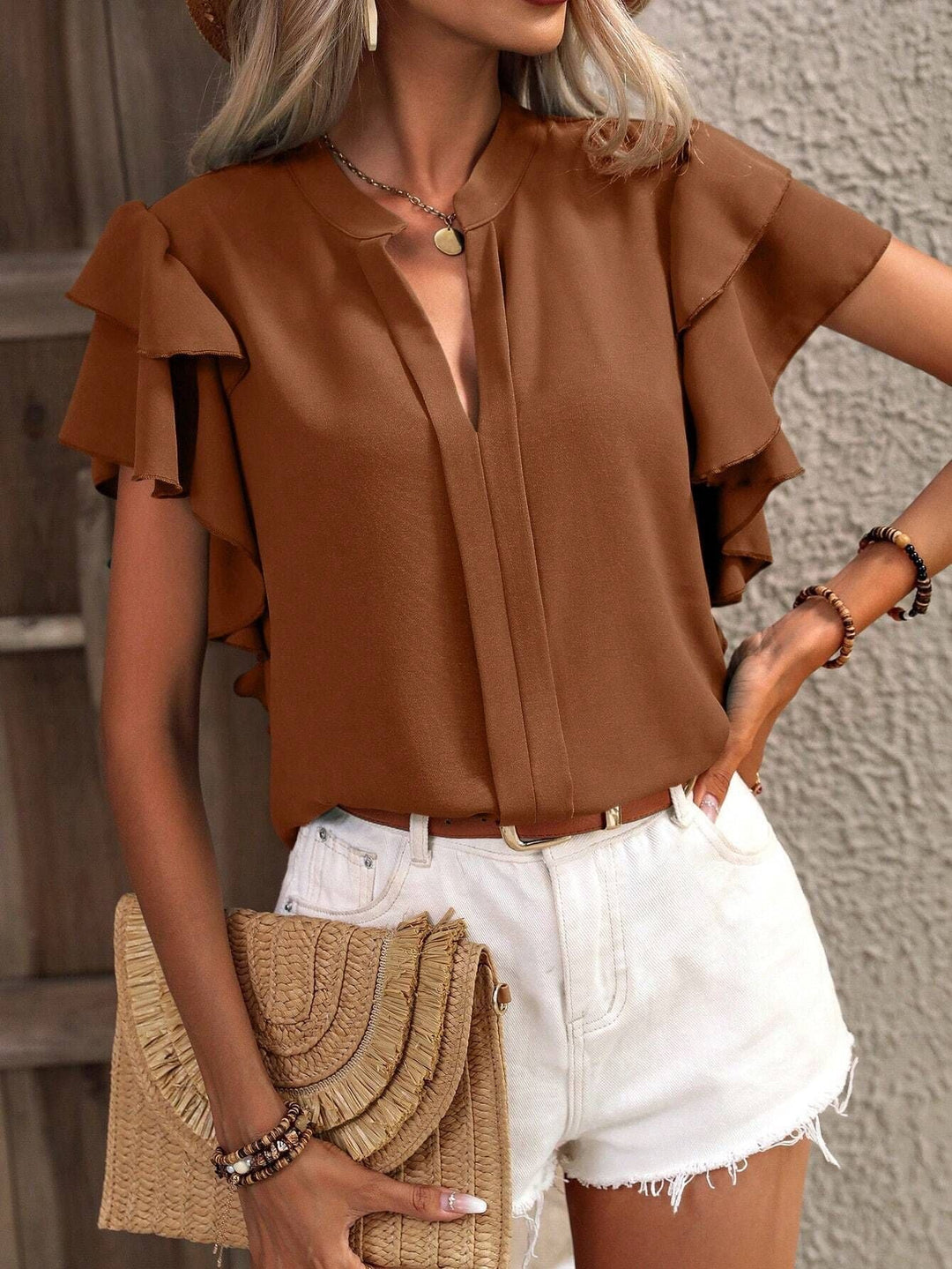 Damen elegante Bluse mit voluminösen Rüschen Drune
