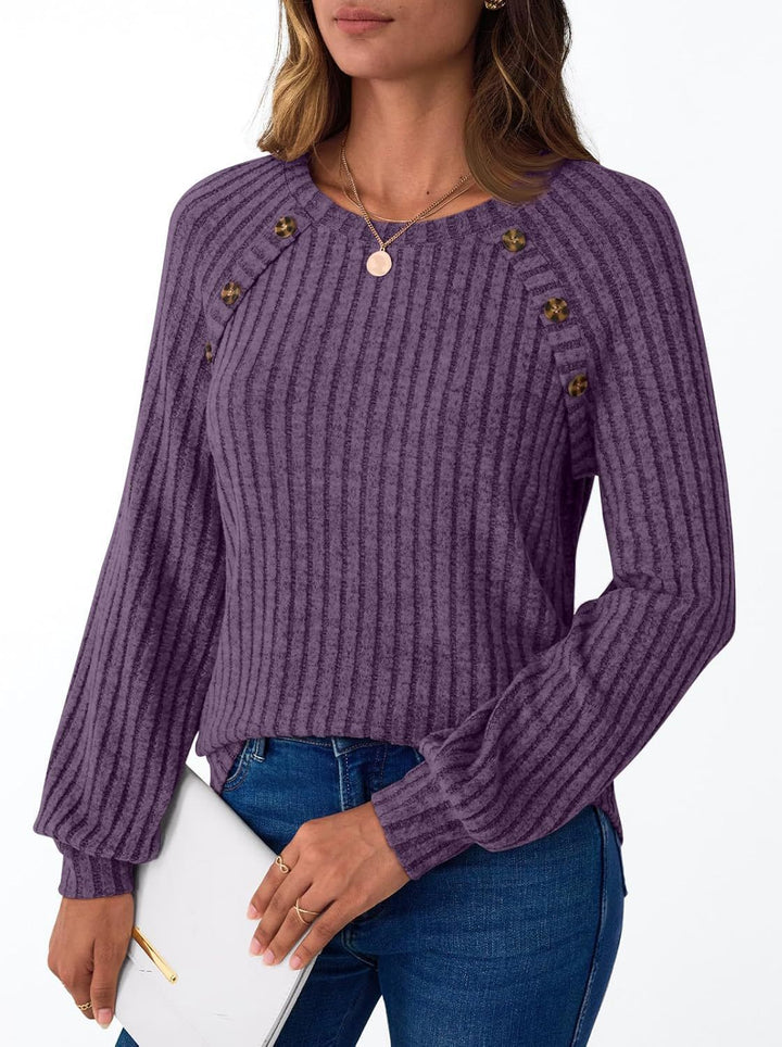 Damen Gerippter Strickpullover mit Zierknopfleiste an Raglanärmeln Drune
