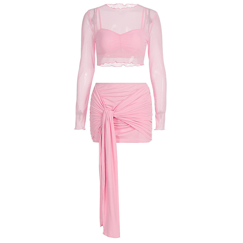 Damen Crop Top und Rock Set mit modischen Raffungselementen Drune