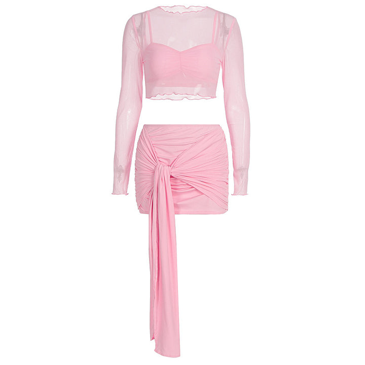 Damen Crop Top und Rock Set mit modischen Raffungselementen Drune