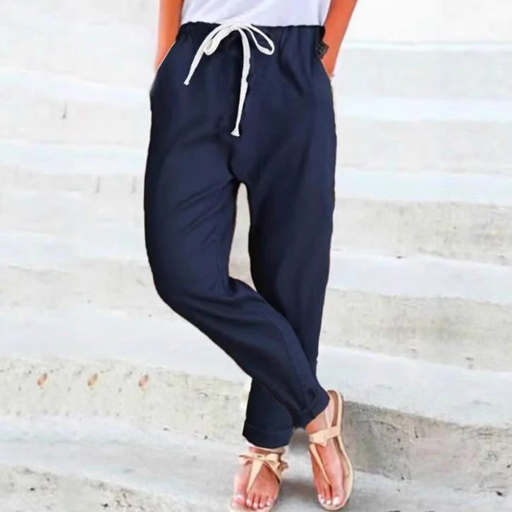 Damen nan leichte Leinenmix-Hose mit elastischem Bund, Kordelzug und konischer Knöchelpartie Drune